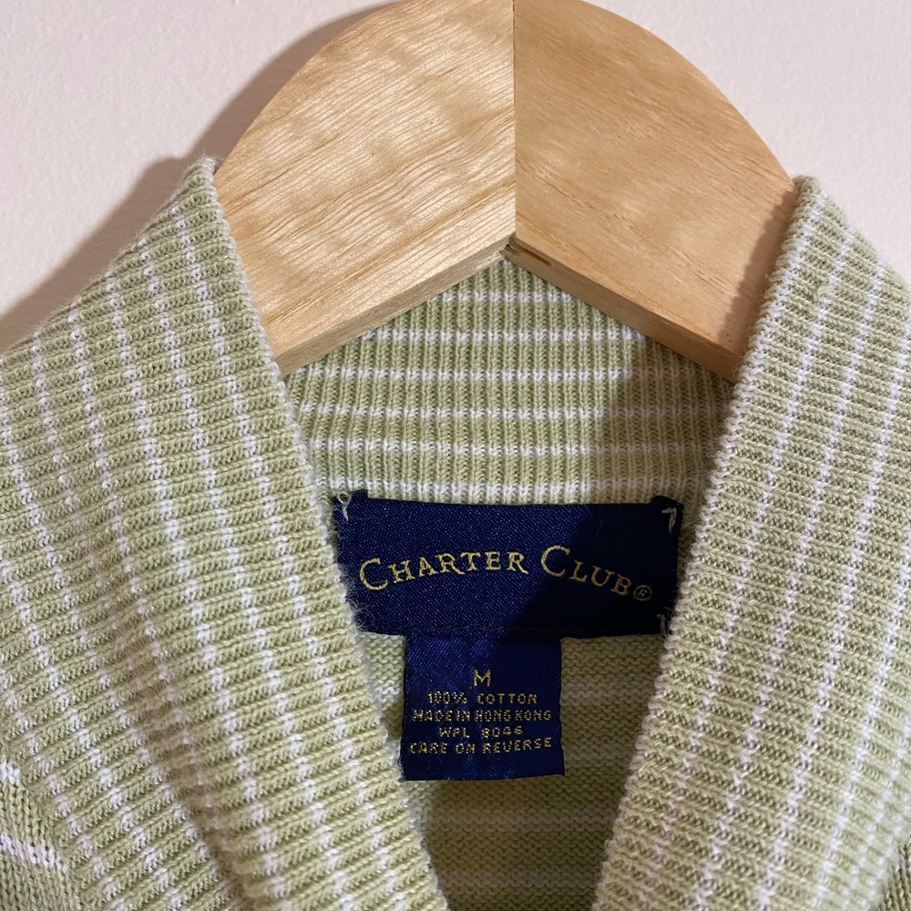 VTG Charter Club Light Green and White Striped Mock Neck Short Sleeve Top Size M - Picture 4 of 5